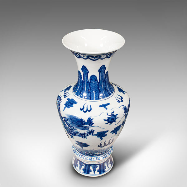 Tall Vintage White & Blue Vase, Chinese, Ceramic, Decorative, Flower, Art Deco
