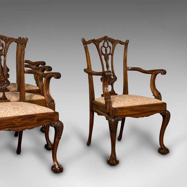 Set of 4 Antique Chippendale Revival Chairs, English, Elbow, Armchair, Victorian
