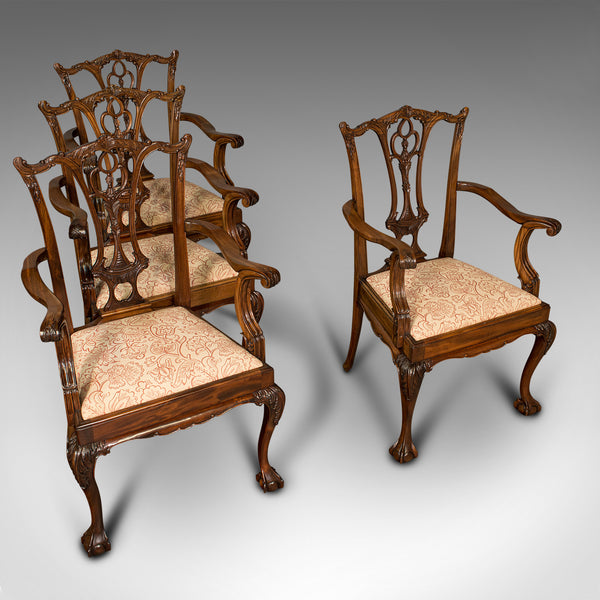 Set of 4 Antique Chippendale Revival Chairs, English, Elbow, Armchair, Victorian