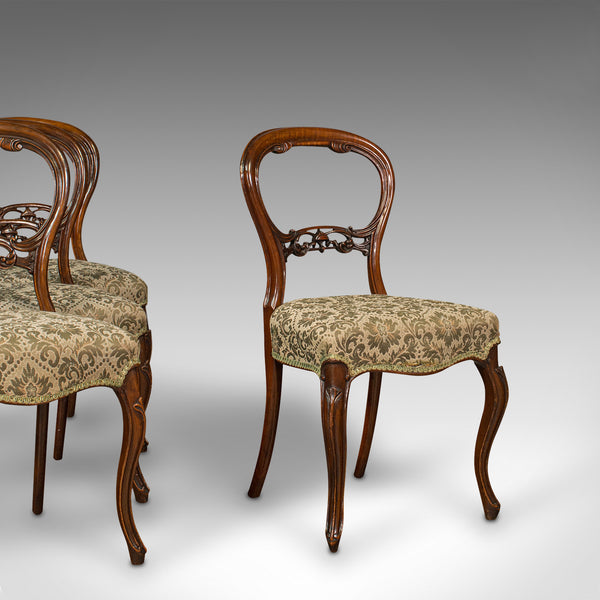 Set of 4 Antique Dining Chairs, English, Walnut, Balloon Back, Victorian, 1850