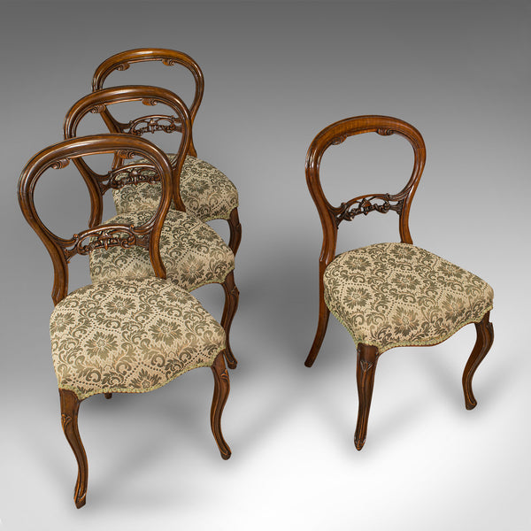 Set of 4 Antique Dining Chairs, English, Walnut, Balloon Back, Victorian, 1850