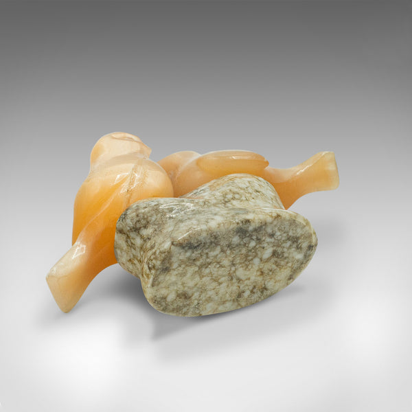 Small Vintage Lovebird Ornament, Japanese, Yellow Onyx, Figure, Art Deco, C.1940
