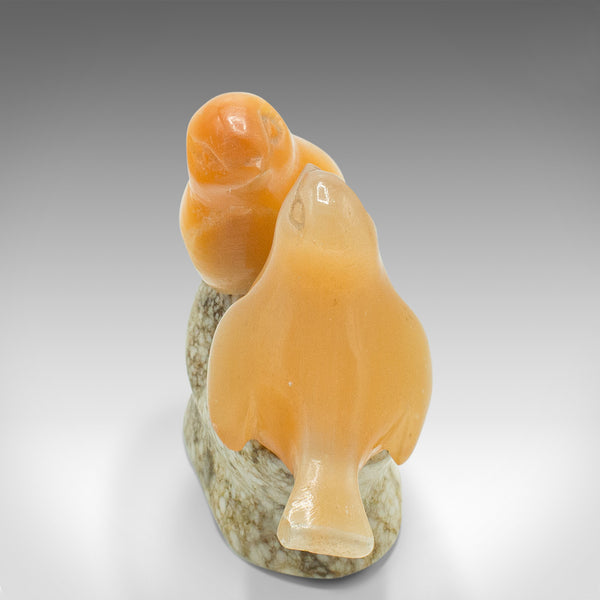 Small Vintage Lovebird Ornament, Japanese, Yellow Onyx, Figure, Art Deco, C.1940