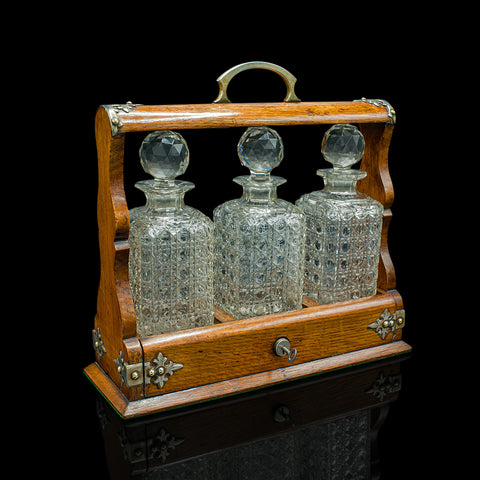 Antique Locking Tantalus, English, Oak, Glass, Decanter Case, Edwardian, C.1910