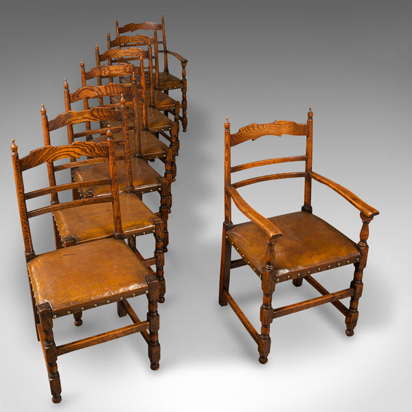 Set Of 8 Antique Dining Chairs, English, Oak, Carver, Seat, Edwardian, C.1910