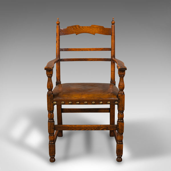 Set Of 8 Antique Dining Chairs, English, Oak, Carver, Seat, Edwardian, C.1910