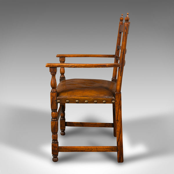 Set Of 8 Antique Dining Chairs, English, Oak, Carver, Seat, Edwardian, C.1910