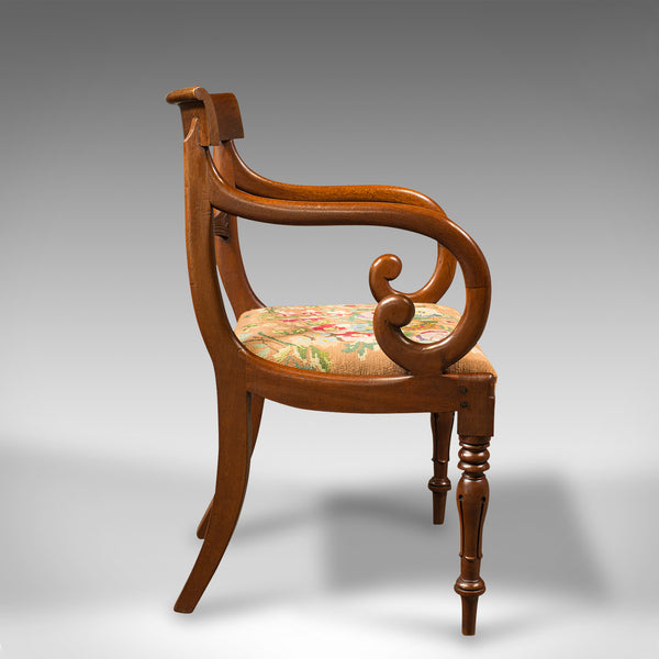 Antique Scroll Arm Chair, English, Armchair, Desk, Needlepoint, Regency, C.1830
