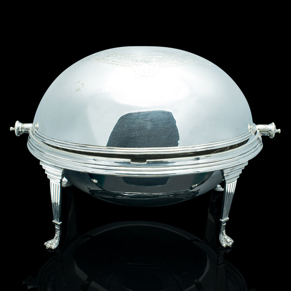 Antique Roll-Over Serving Dish, English, Silver Plate, Dome Top Tureen, Server