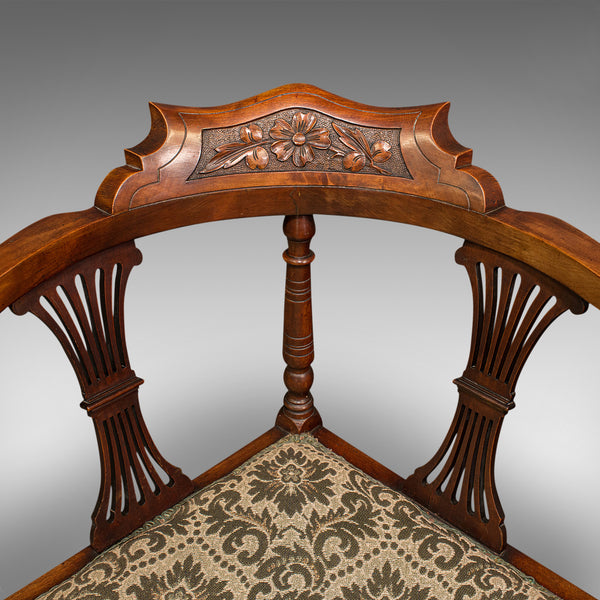Antique Corner Arm Chair, English, Walnut, Dressing Seat, Art Nouveau, Victorian