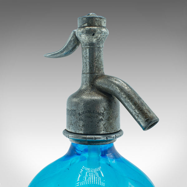 Vintage Blue Soda Siphon, French, Decorative Glass, Bistro Seltzer Bottle, 1932