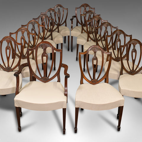 Long Set of 14 Antique Dining Chairs, English, Chippendale Revival, Victorian