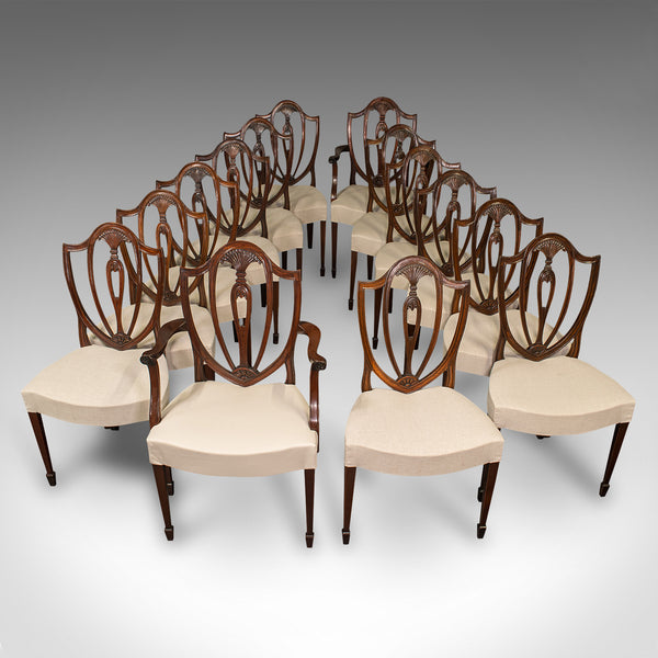 Long Set of 14 Antique Dining Chairs, English, Chippendale Revival, Victorian