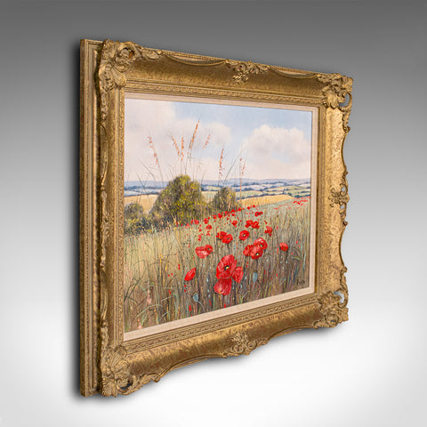 Vintage Oil Painting, English, Gilt Frame, Poppy Field, Landscape, Art, Signed