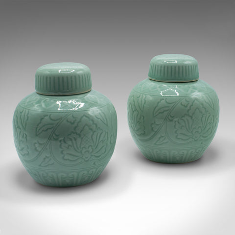 Pair Of Antique Decorative Spice Jars, Chinese, Celadon, Ceramic Pot, Victorian