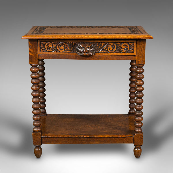 Small Antique Side Table, English, Oak, Wine, Lamp, Gothic Revival, Victorian