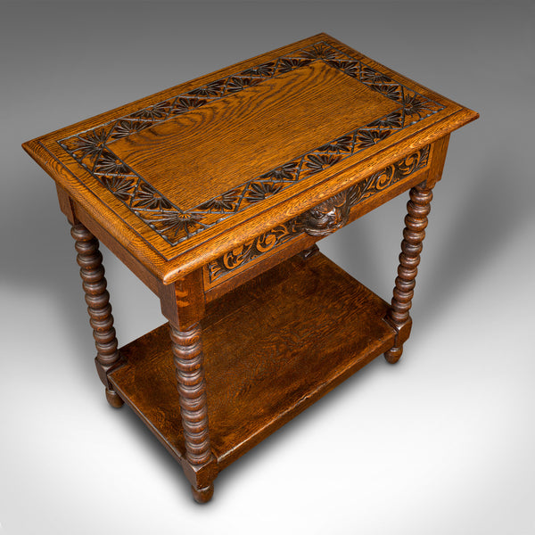 Small Antique Side Table, English, Oak, Wine, Lamp, Gothic Revival, Victorian