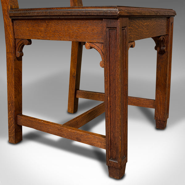 Pair Of Antique Hall Chairs, English Oak, Dining Seat, Ecclesiastical, Victorian