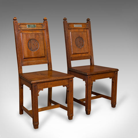 Pair Of Antique Hall Chairs, English Oak, Dining Seat, Ecclesiastical, Victorian