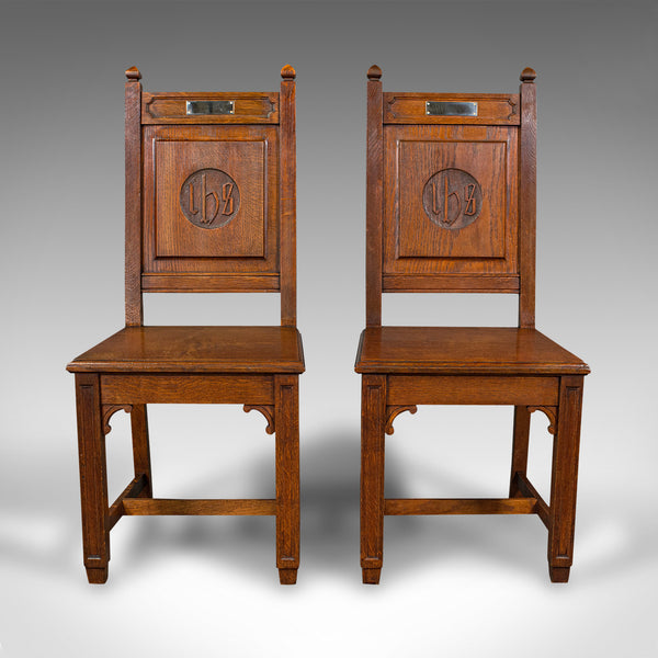 Pair Of Antique Hall Chairs, English Oak, Dining Seat, Ecclesiastical, Victorian