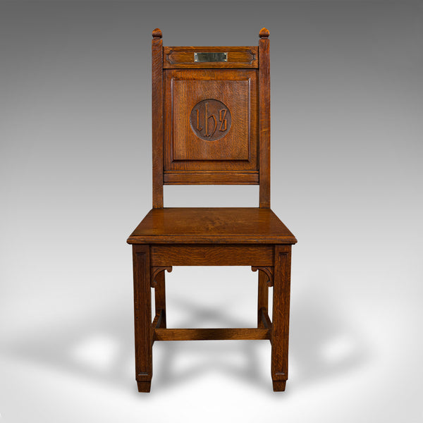 Pair Of Antique Hall Chairs, English Oak, Dining Seat, Ecclesiastical, Victorian