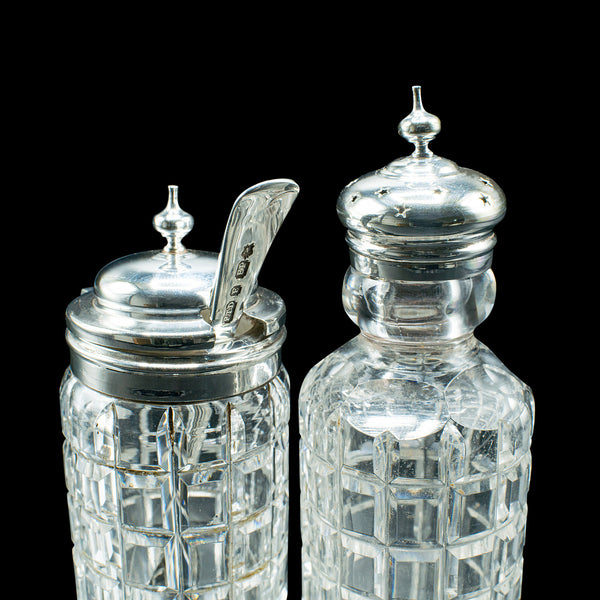 Antique Table Condiment Set, English, Silver Plate, Glass, Cruet, Victorian