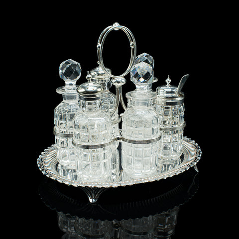 Antique Table Condiment Set, English, Silver Plate, Glass, Cruet, Victorian