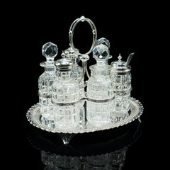 Antique Table Condiment Set, English, Silver Plate, Glass, Cruet