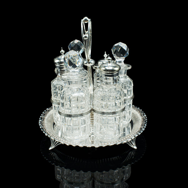 Antique Table Condiment Set, English, Silver Plate, Glass, Cruet, Victorian