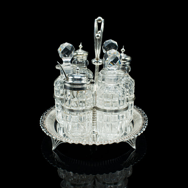 Antique Table Condiment Set, English, Silver Plate, Glass, Cruet, Victorian