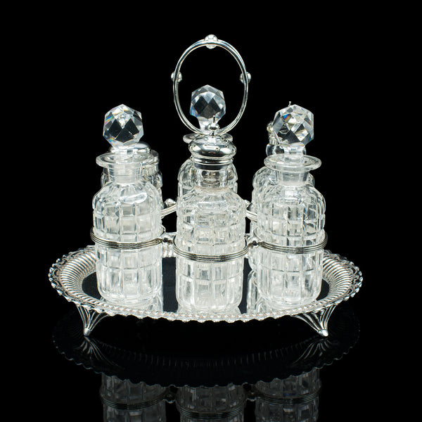 Antique Table Condiment Set, English, Silver Plate, Glass, Cruet, Victorian