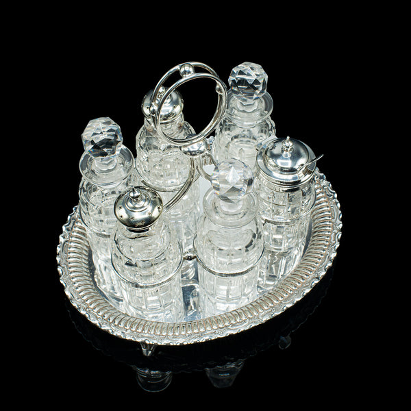 Antique Table Condiment Set, English, Silver Plate, Glass, Cruet, Victorian