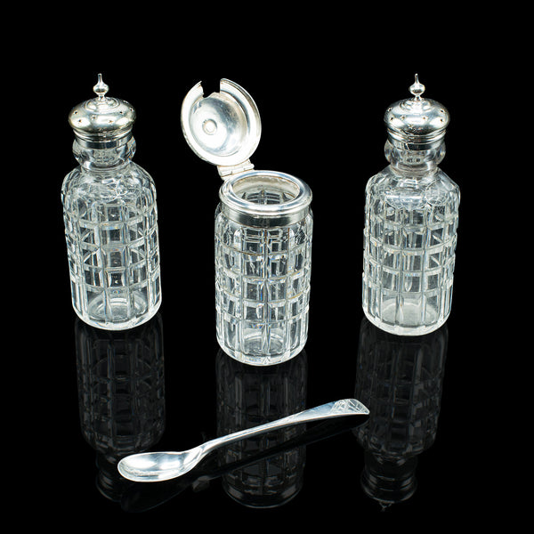 Antique Table Condiment Set, English, Silver Plate, Glass, Cruet, Victorian