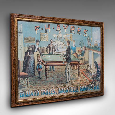 Vintage Framed Advertisement, English, Billiards, Snooker Interest, Games Room