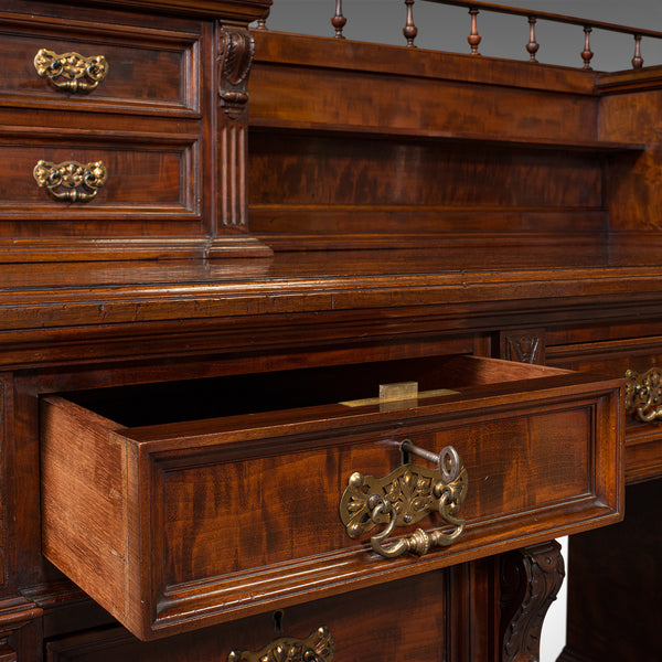 Grand Antique Executive Desk, English, Satinwood, 13 Drawer, Office, Victorian