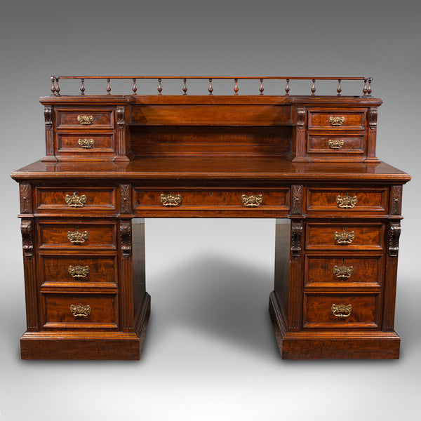 Grand Antique Executive Desk, English, Satinwood, 13 Drawer, Office, Victorian