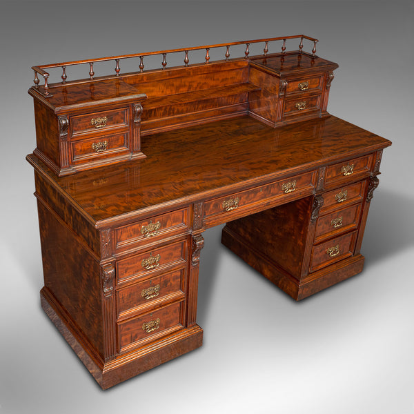 Grand Antique Executive Desk, English, Satinwood, 13 Drawer, Office, Victorian