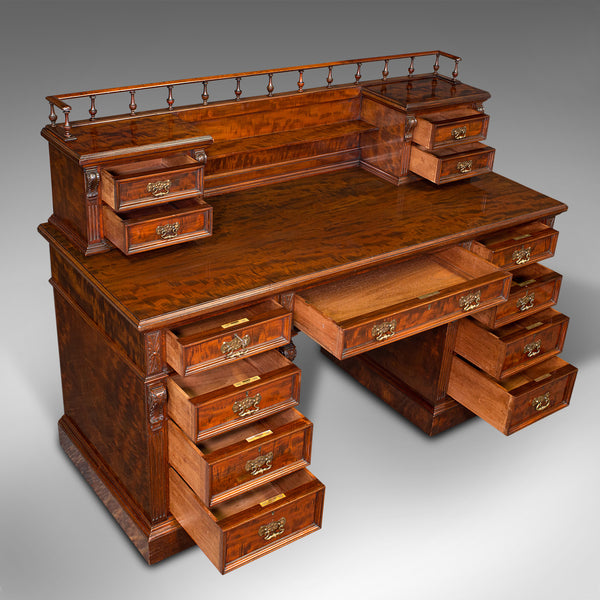 Grand Antique Executive Desk, English, Satinwood, 13 Drawer, Office, Victorian