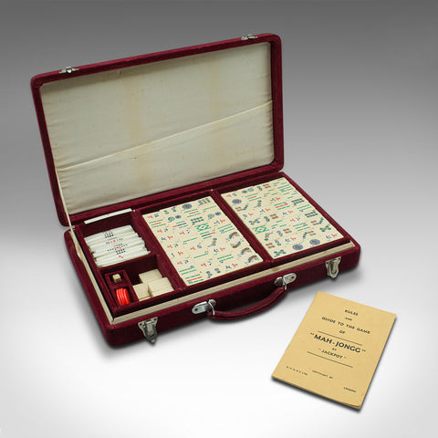 Vintage Mah Jong Set, Chinese, Velvet, Gaming Case, Bamboo, Late 20th Century