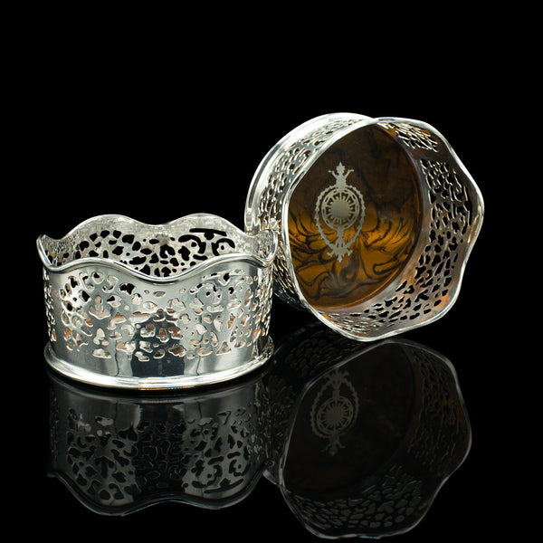 Pair Of Vintage Wine Coasters, Chinese, Silver Plate, Bottle Stand, Mid Century