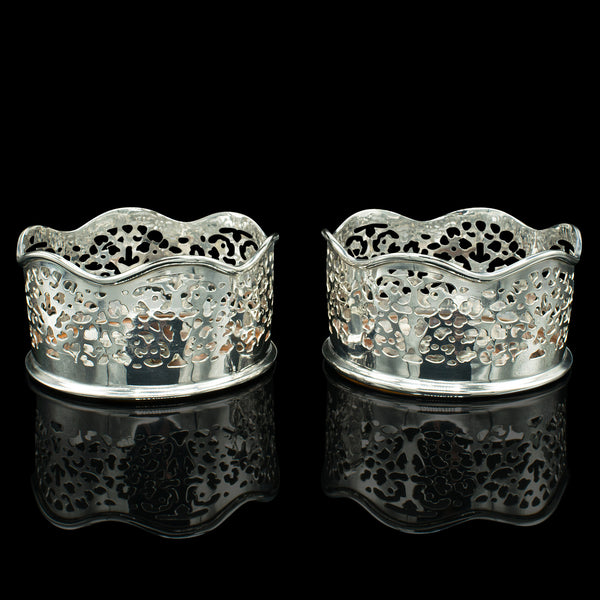 Pair Of Vintage Wine Coasters, Chinese, Silver Plate, Bottle Stand, Mid Century