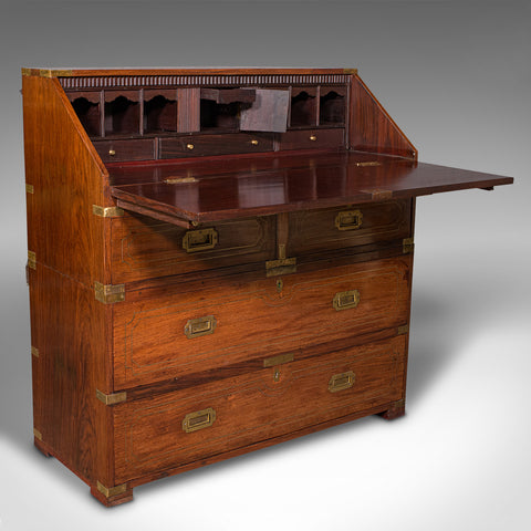 Antique Campaign Bureau, Anglo Indian, Teak, Colonial Writing Desk, Victorian