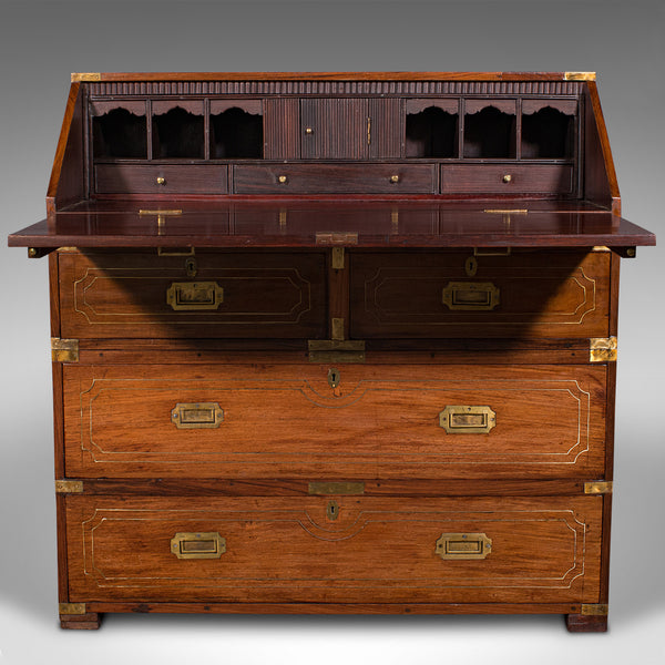 Antique Campaign Bureau, Anglo Indian, Teak, Colonial Writing Desk, Victorian