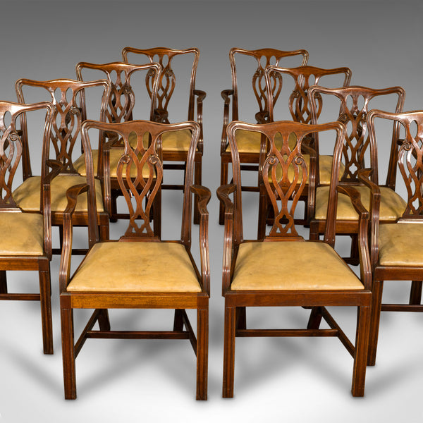 Set of 10 Antique Carver Dining Chairs, English, Chippendale Revival, Victorian