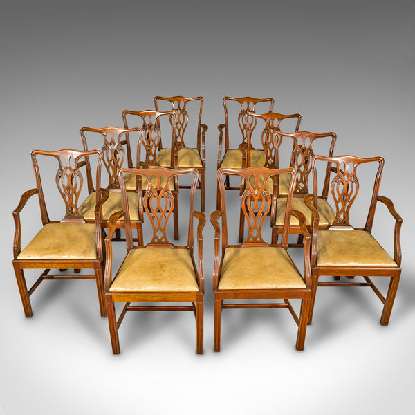 Set of 10 Antique Carver Dining Chairs, English, Chippendale Revival, Victorian