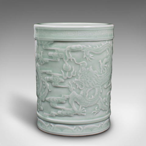 Antique Decorative Brush Pot, Chinese, Celadon Ceramic, Posy Vase, Victorian