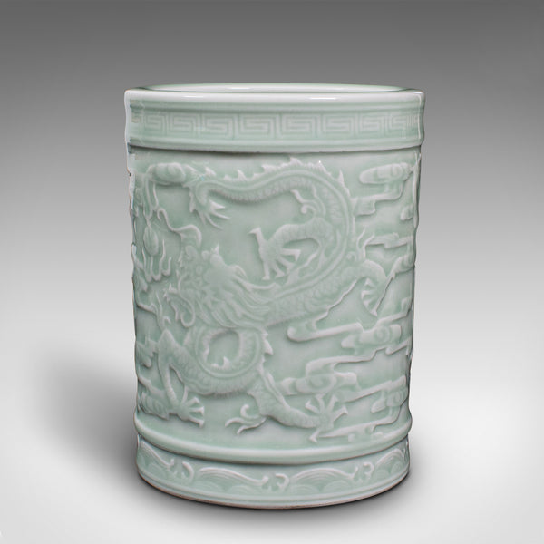 Antique Decorative Brush Pot, Chinese, Celadon Ceramic, Posy Vase, Victorian