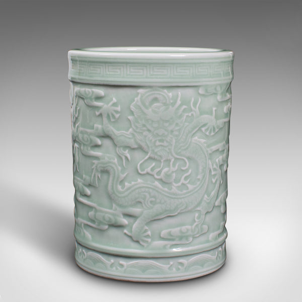 Antique Decorative Brush Pot, Chinese, Celadon Ceramic, Posy Vase, Victorian