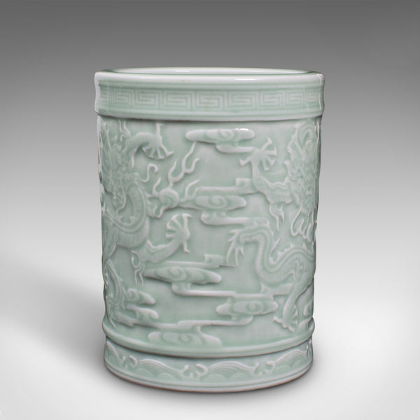 Antique Decorative Brush Pot, Chinese, Celadon Ceramic, Posy Vase, Victorian