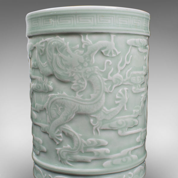 Antique Decorative Brush Pot, Chinese, Celadon Ceramic, Posy Vase, Victorian